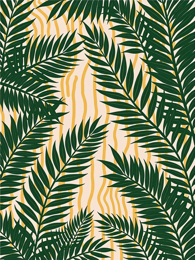 Deep Green Palm Fronds Yellow Swirls Rug