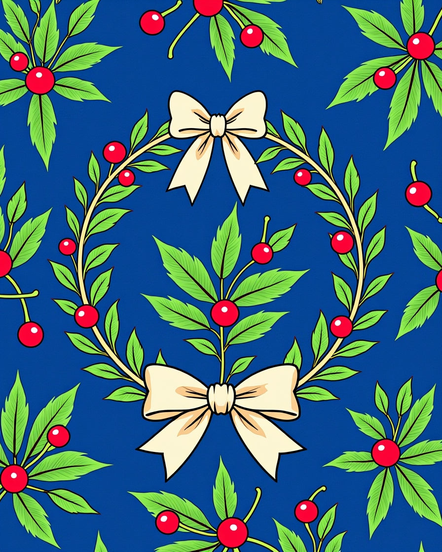 Royal Blue Cream Bow Leafy Wreath Rug
