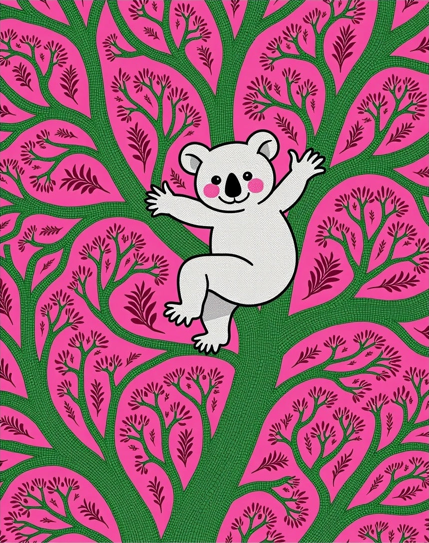 Playful White Koala Pink Tree Rug
