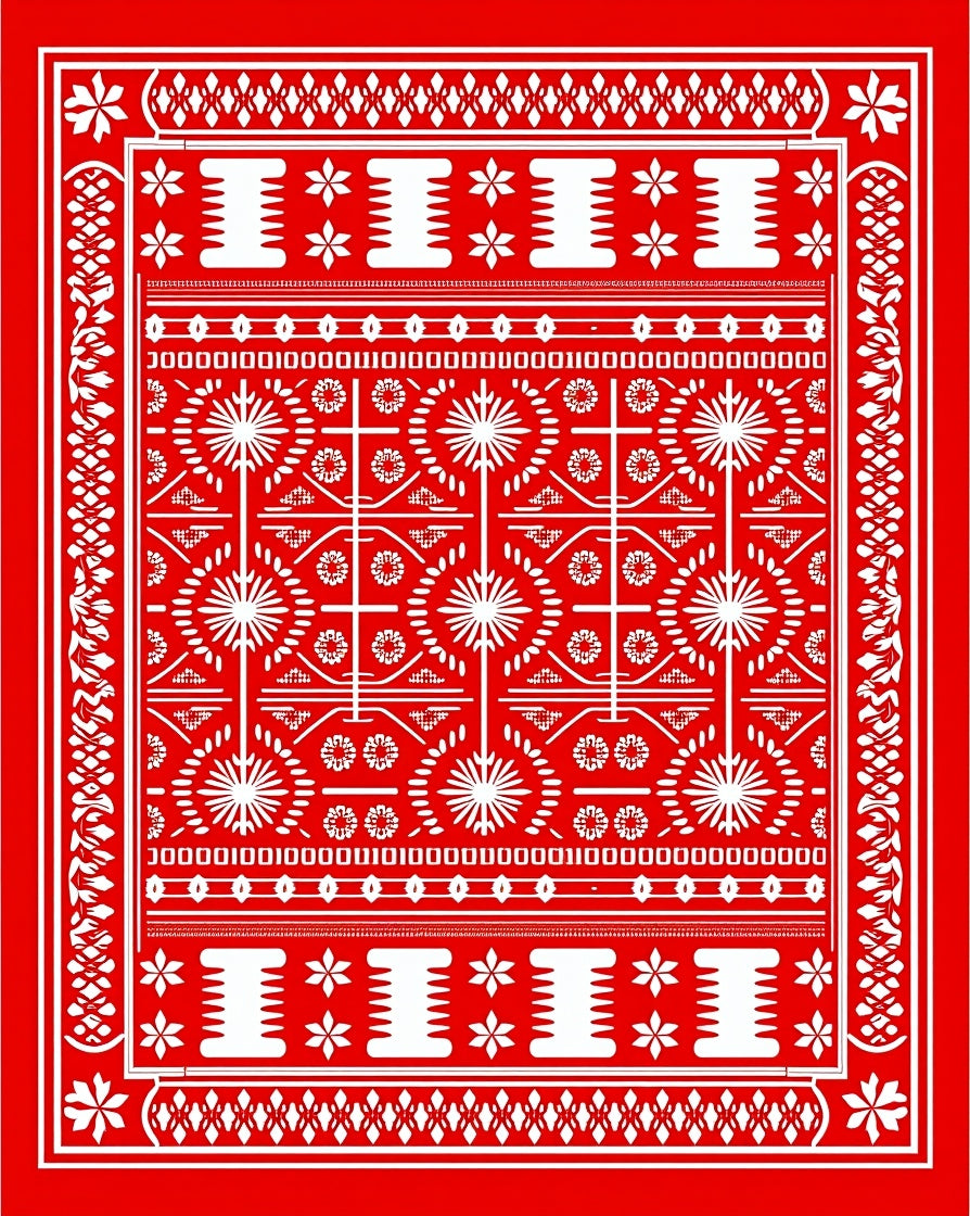 Red White Folkloric Floral Medallion Rug