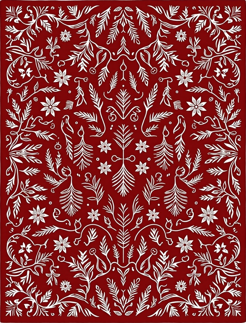 Crimson White Floral Botanical Symmetry Rug