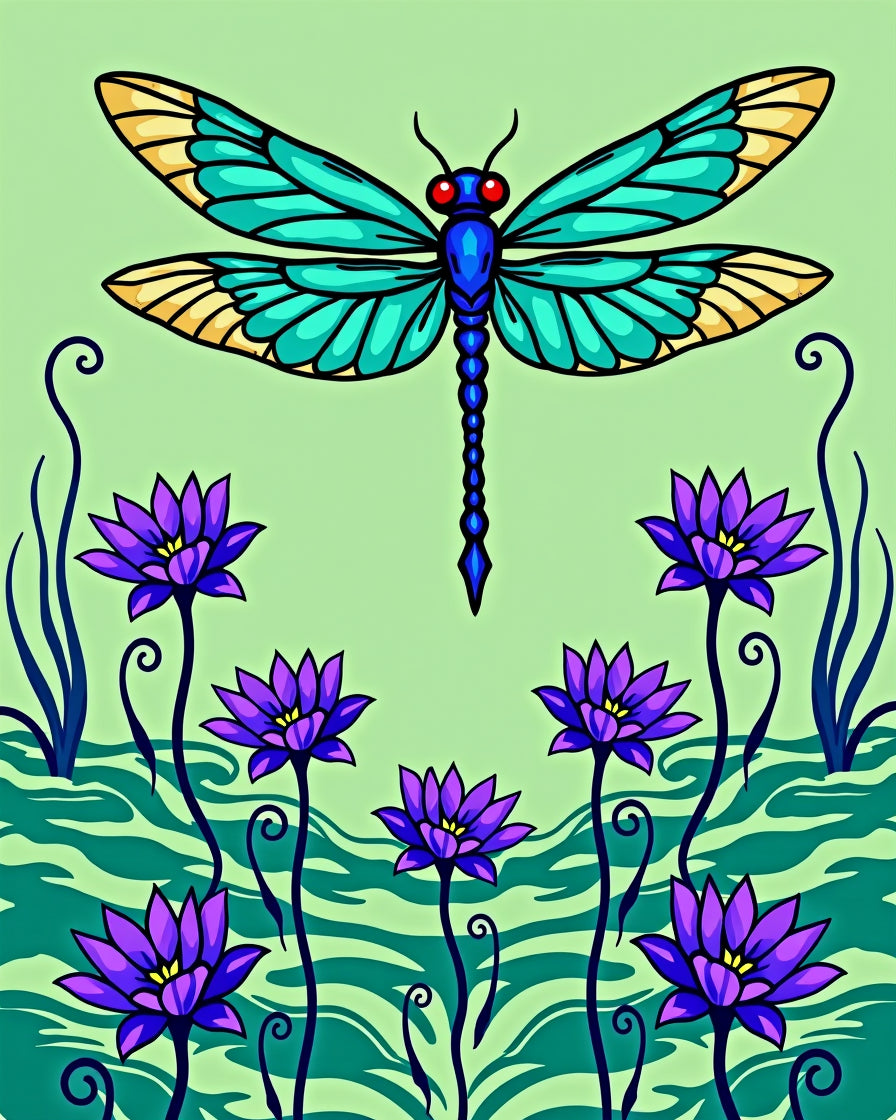 Art Nouveau Blue Dragonfly Lotus Garden Rug