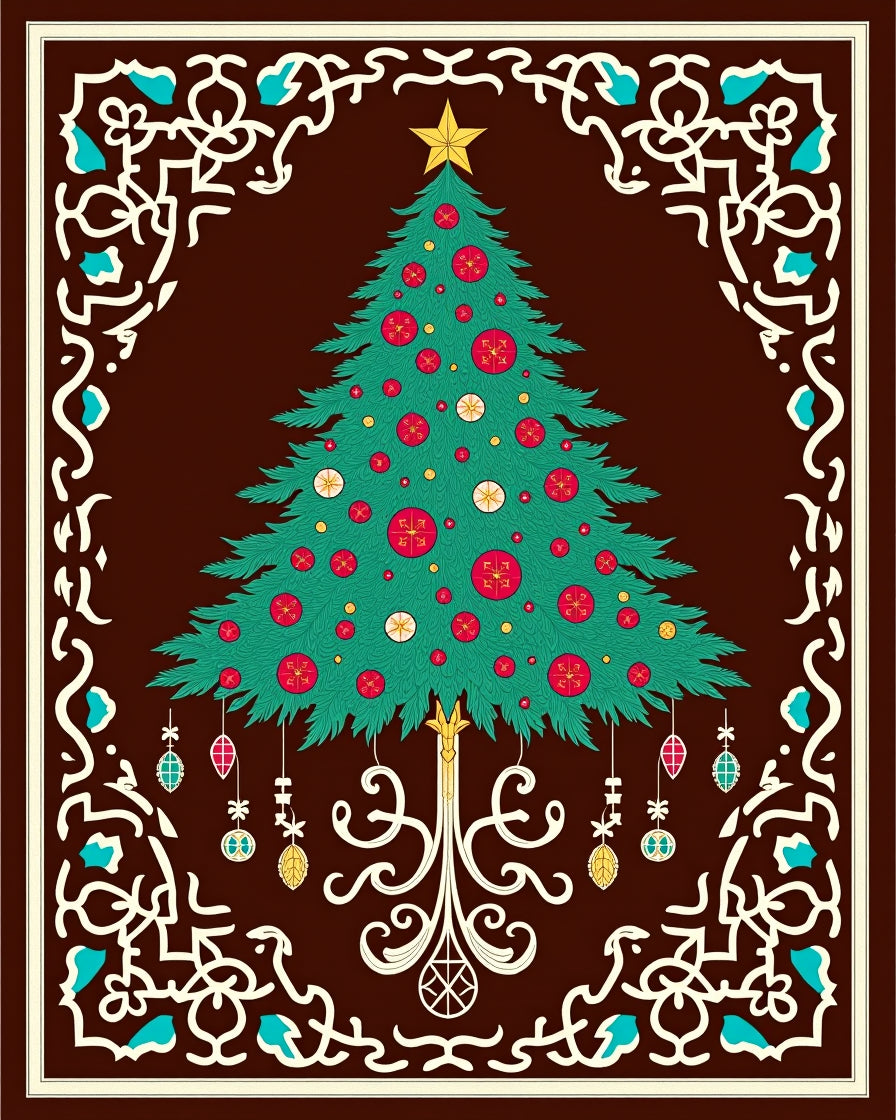 Festive Green Christmas Tree Ornaments Rug