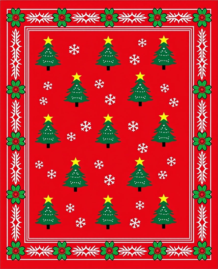 Red Christmas Trees Snowflake Border Rug