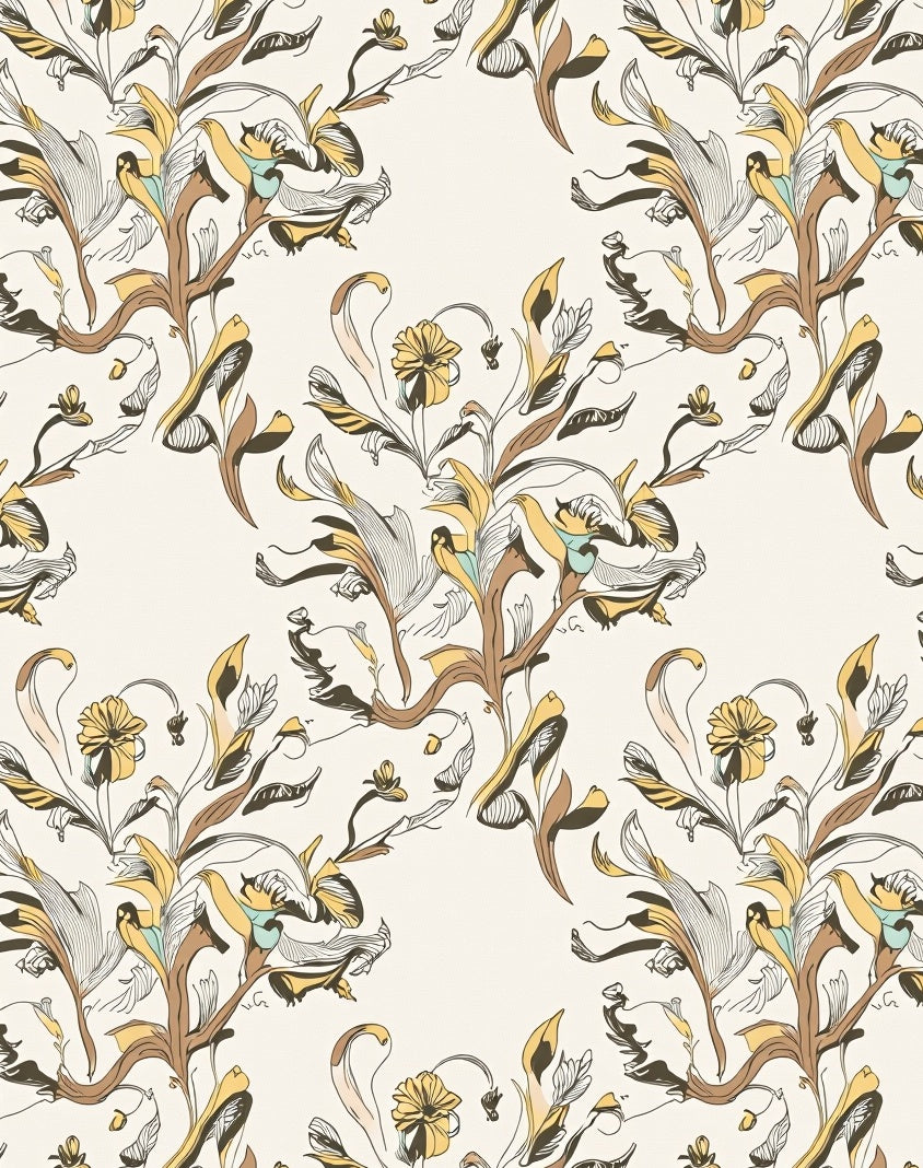 Earthy Yellow Leafy Scrollwork Rug