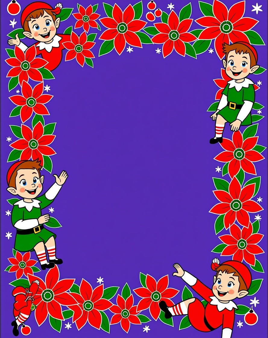Christmas Elves Red Poinsettia Border Rug
