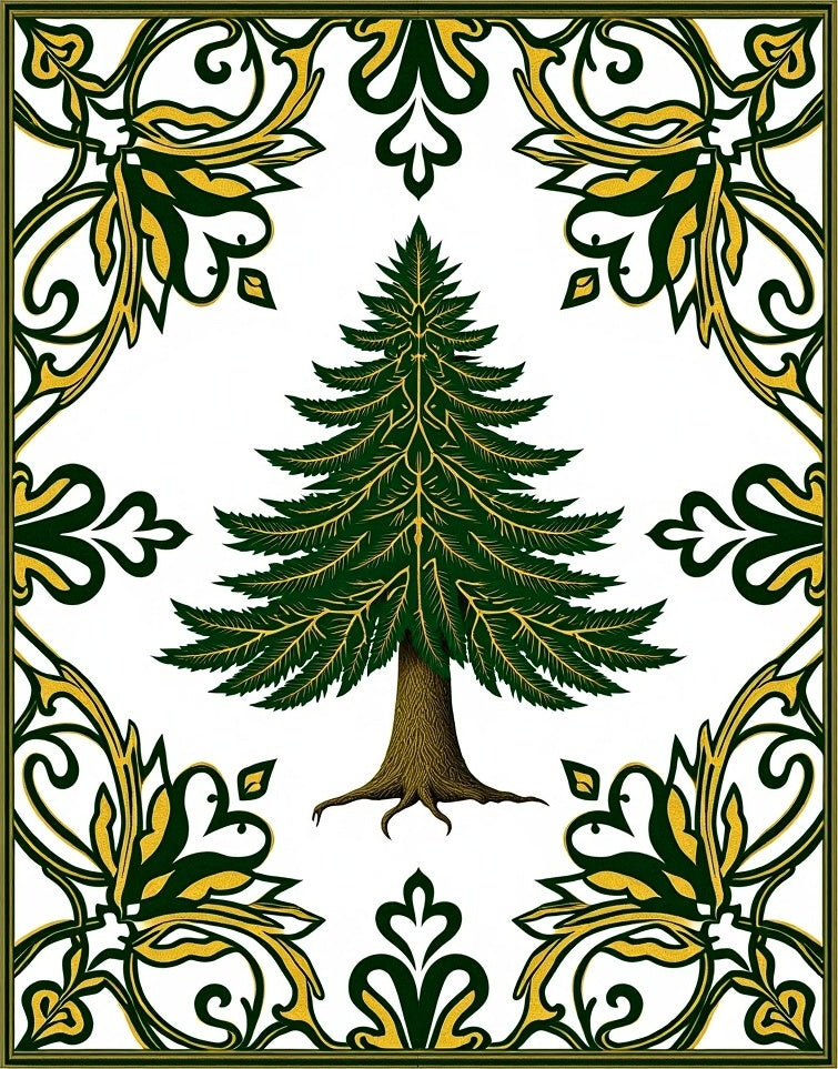 Green Evergreen Tree With Gold Border Rug
