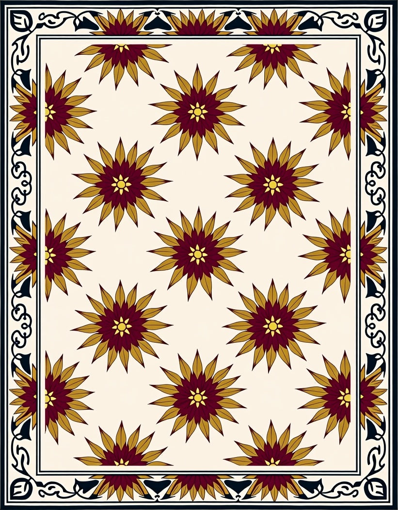 Deep Burgundy Gold Starburst Repeating Borders Rug