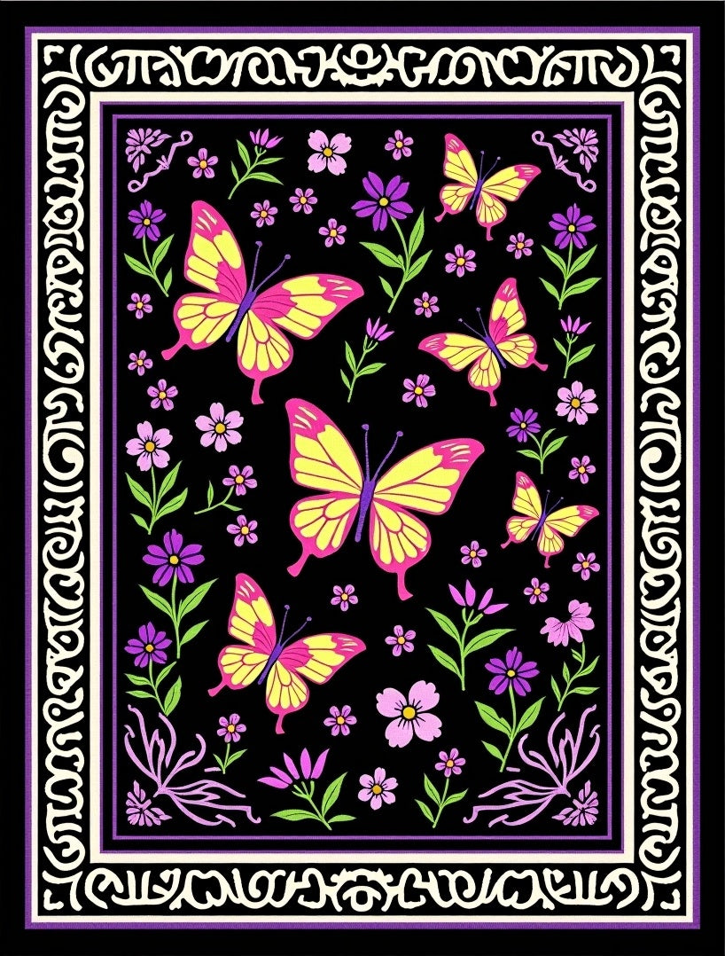Vibrant Yellow Pink Butterfly Garden Rug