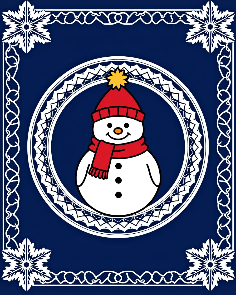 Festive Blue Snowman Snowflake Frame Rug