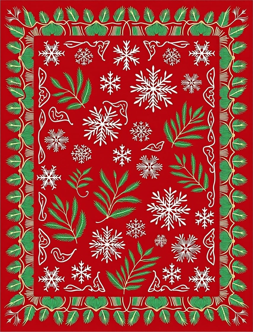 Red Snowflake Pine Branch Holiday Border Rug