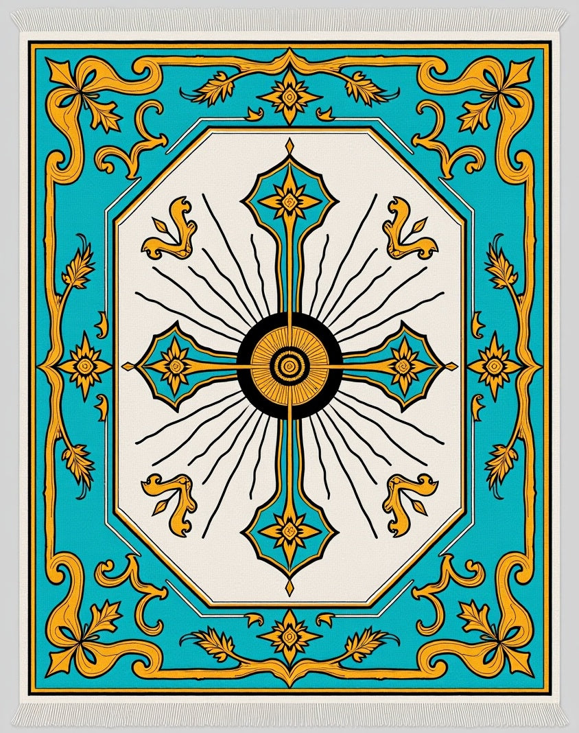 Turquoise Golden Sunburst Medallion Rug