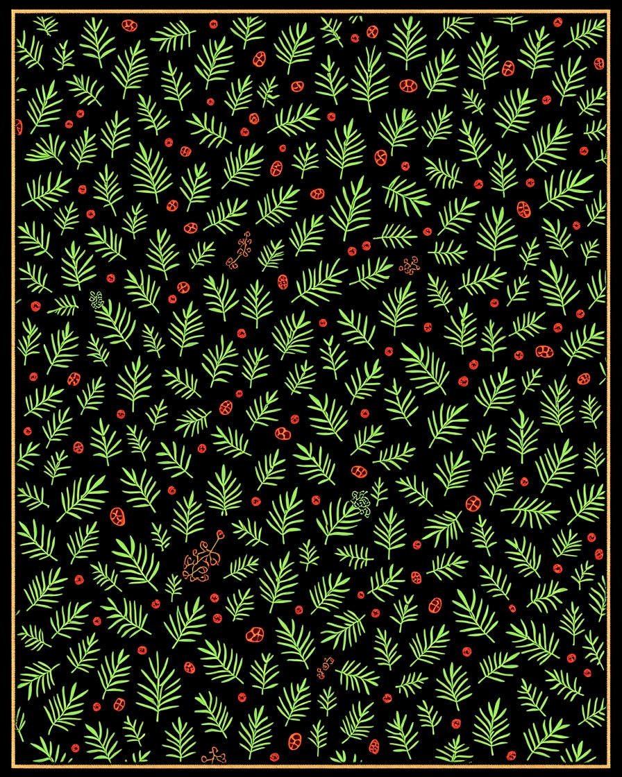 Emerald Pine Sprigs Red Orb Folk Art Rug