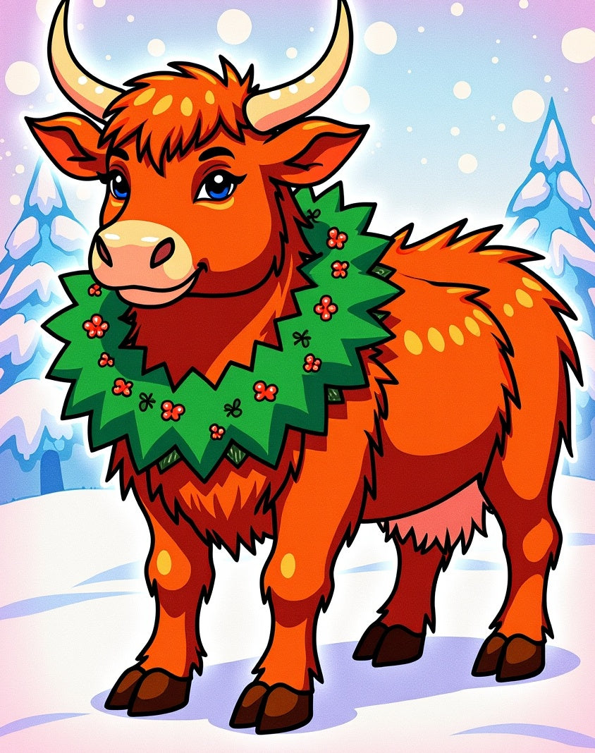 Whimsical Orange Bull Christmas Wreath Rug