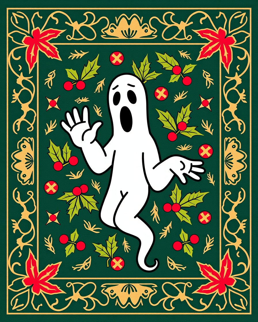 Spooky Ghost Holly Christmas Border Rug