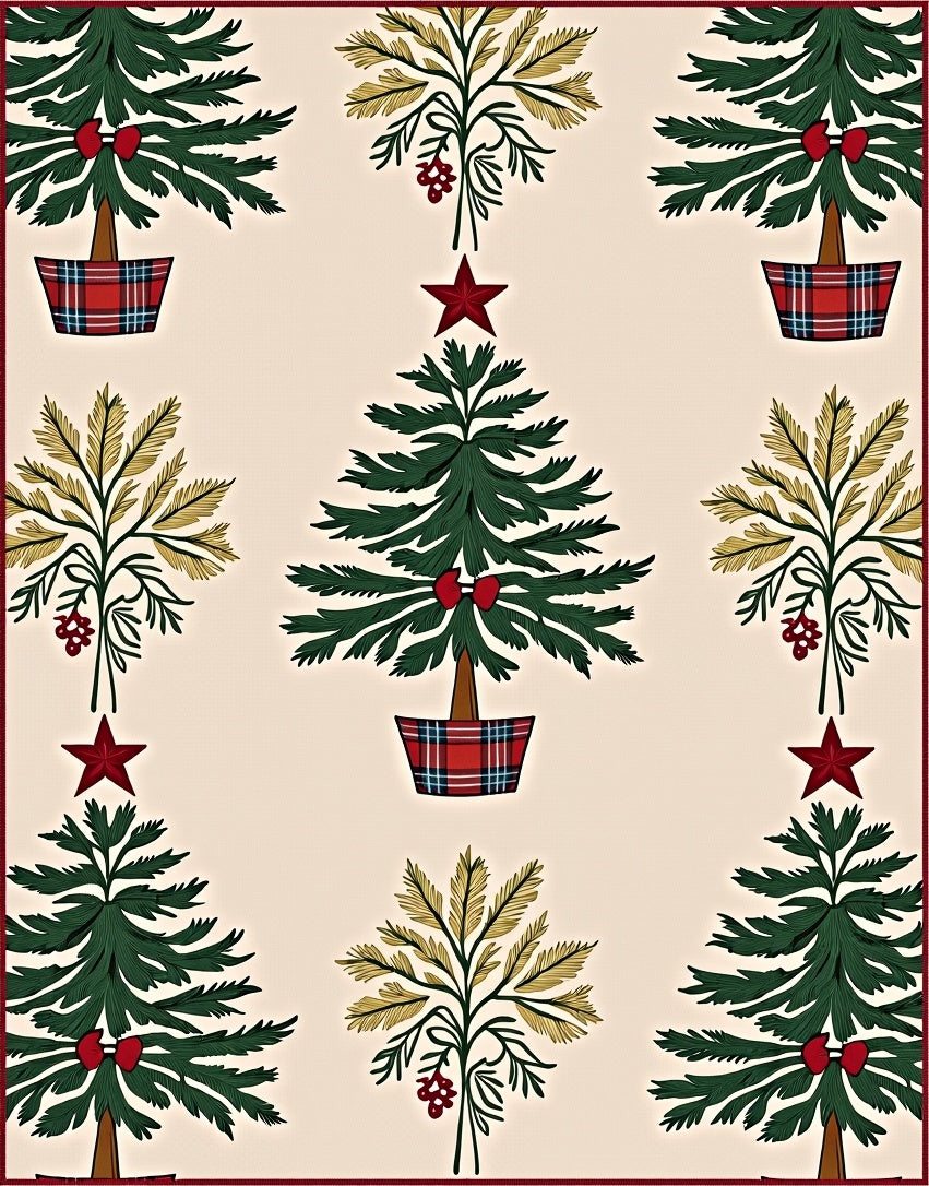 Festive Green Christmas Tree Plaid Medallion Rug