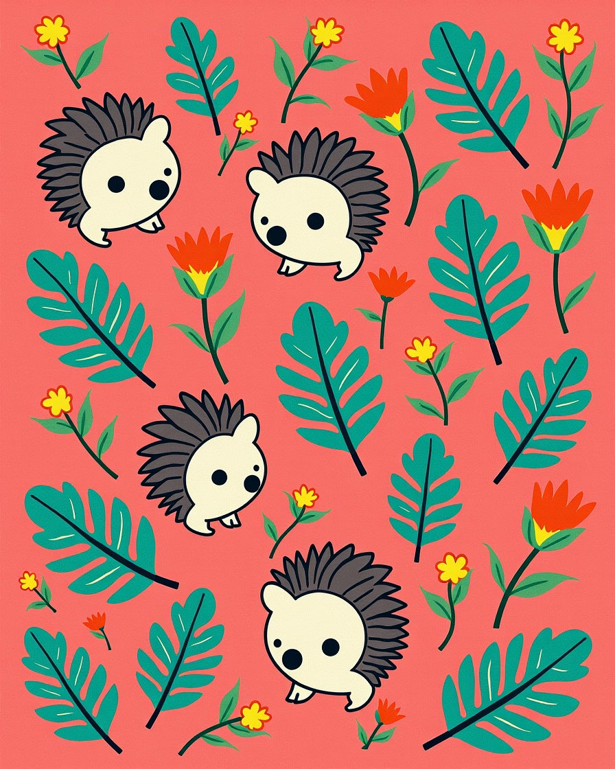 Cute Hedgehog Floral Garden Illustration Rug
