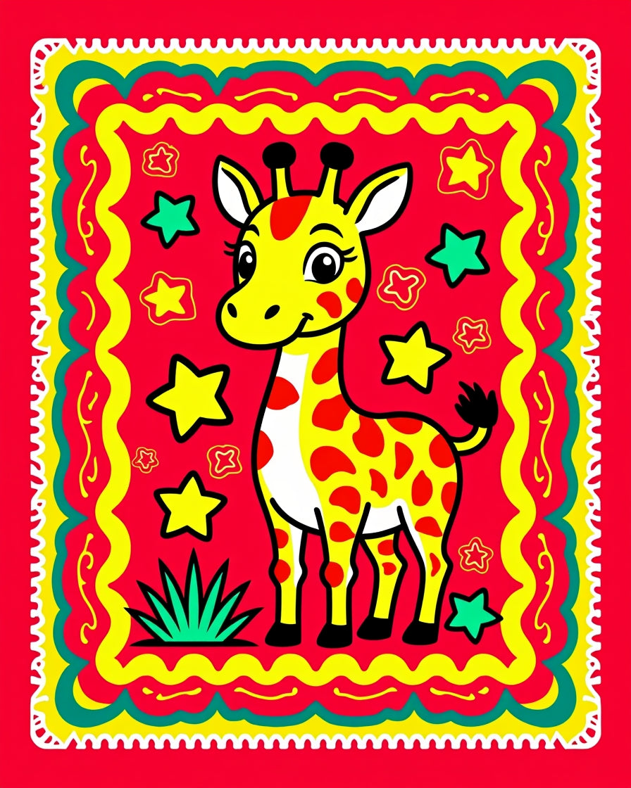 Playful Yellow Giraffe Star Border Rug