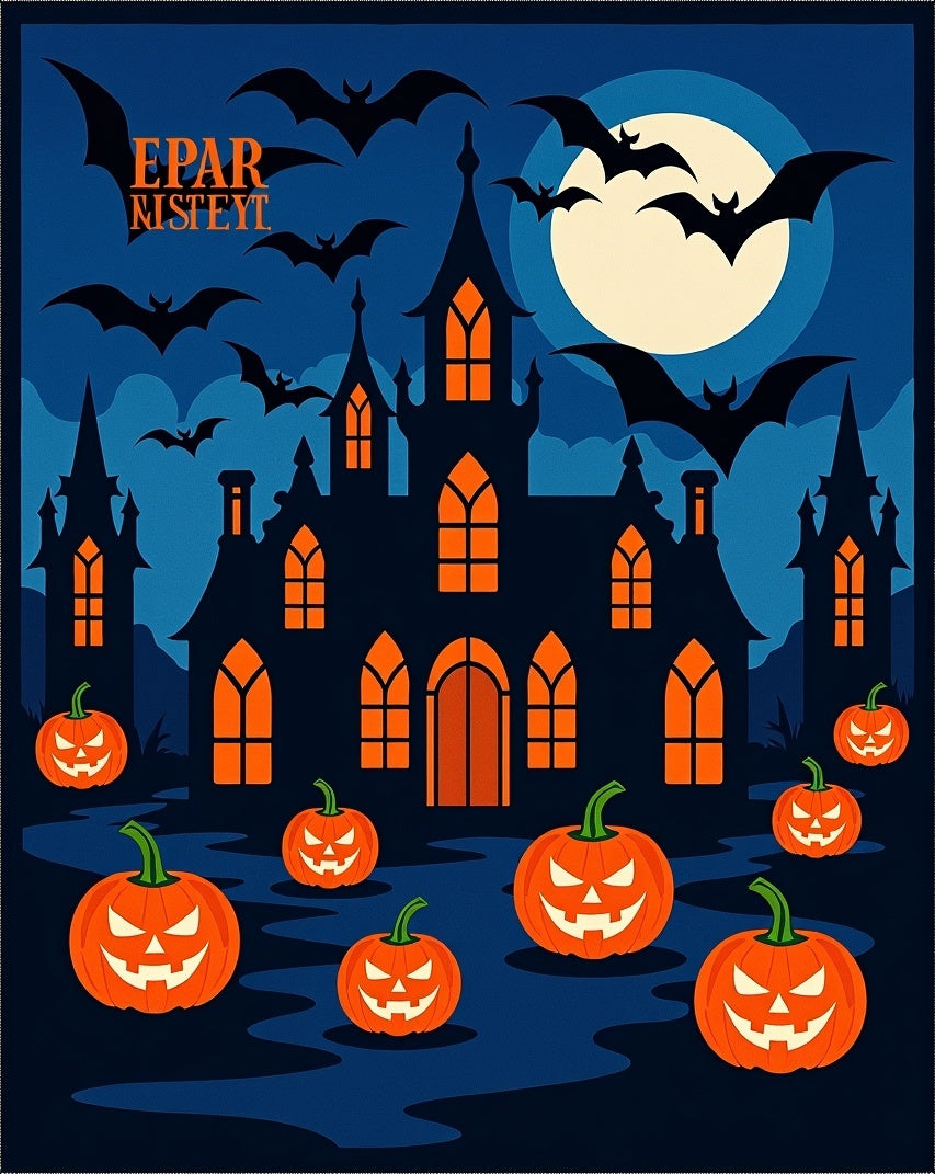 Spooky Castle Bats Pumpkin Full Moon Rug