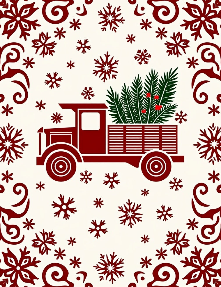 Crimson Truck Delivering Evergreen Snowflakes Rug