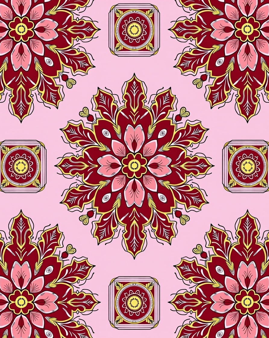 Red Floral Medallion Square Tile Rug