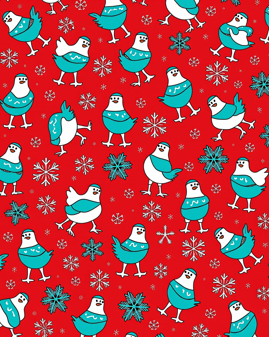 Red background blue white birds snowflakes Rug