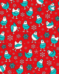 Red background blue white birds snowflakes Rug