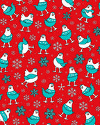 Red background blue white birds snowflakes Rug