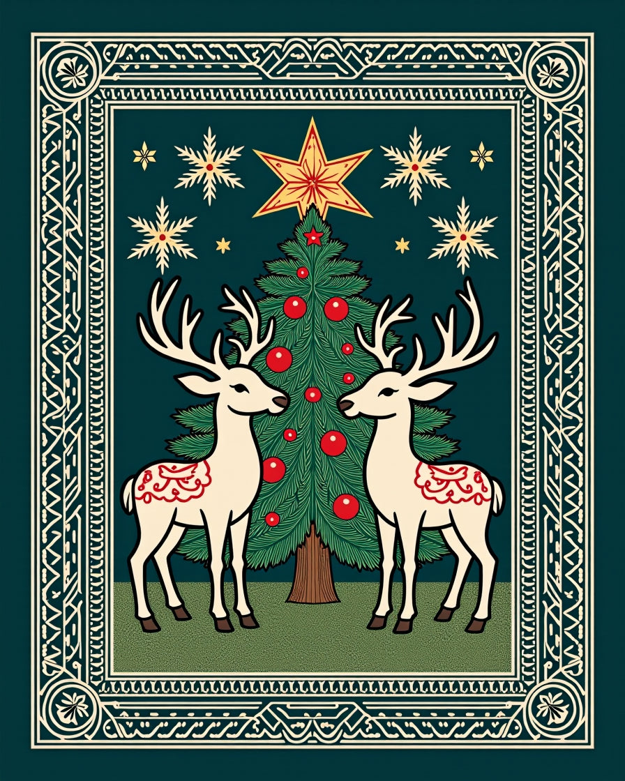 Vintage Christmas Tree Reindeer Garland Rug