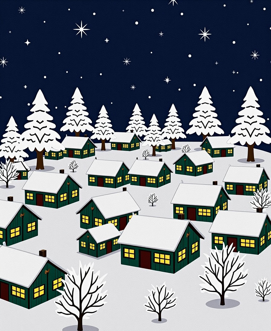 Winter Village Snowy Night Illustration Rug