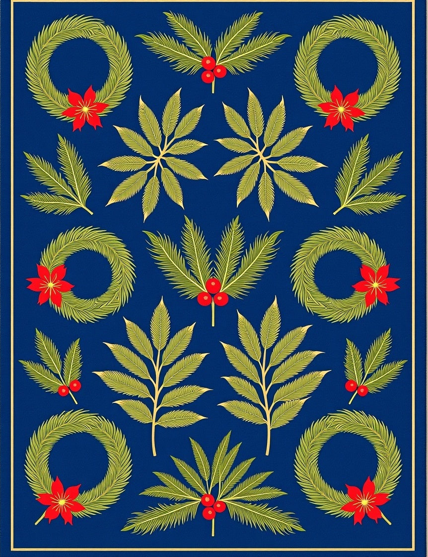 Deep Blue Christmas Wreath Poinsettia Rug