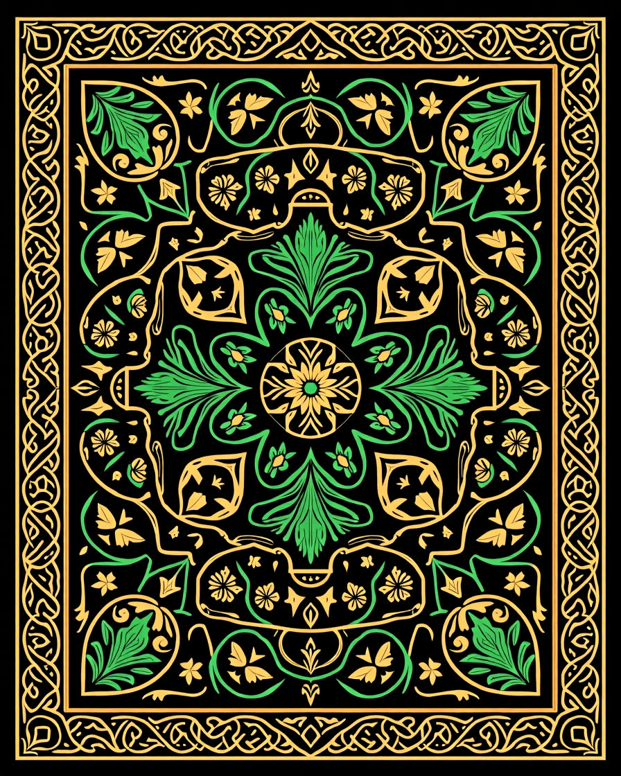 Ornate Emerald Gold Botanical Border Rug