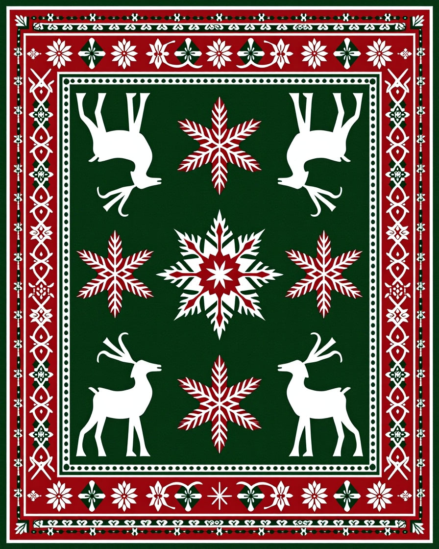 Winter Red Snowflake Deer Garland Rug