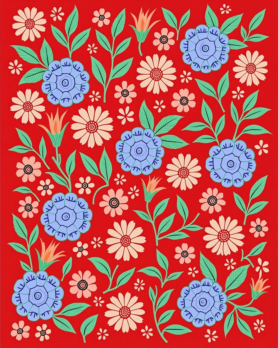 Vibrant Red Floral Whimsical Garden Rug