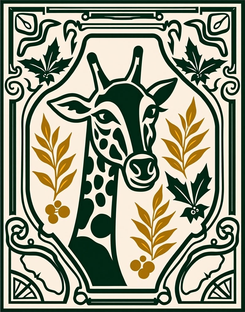 Dark Green Giraffe Botanical Art Nouveau Rug