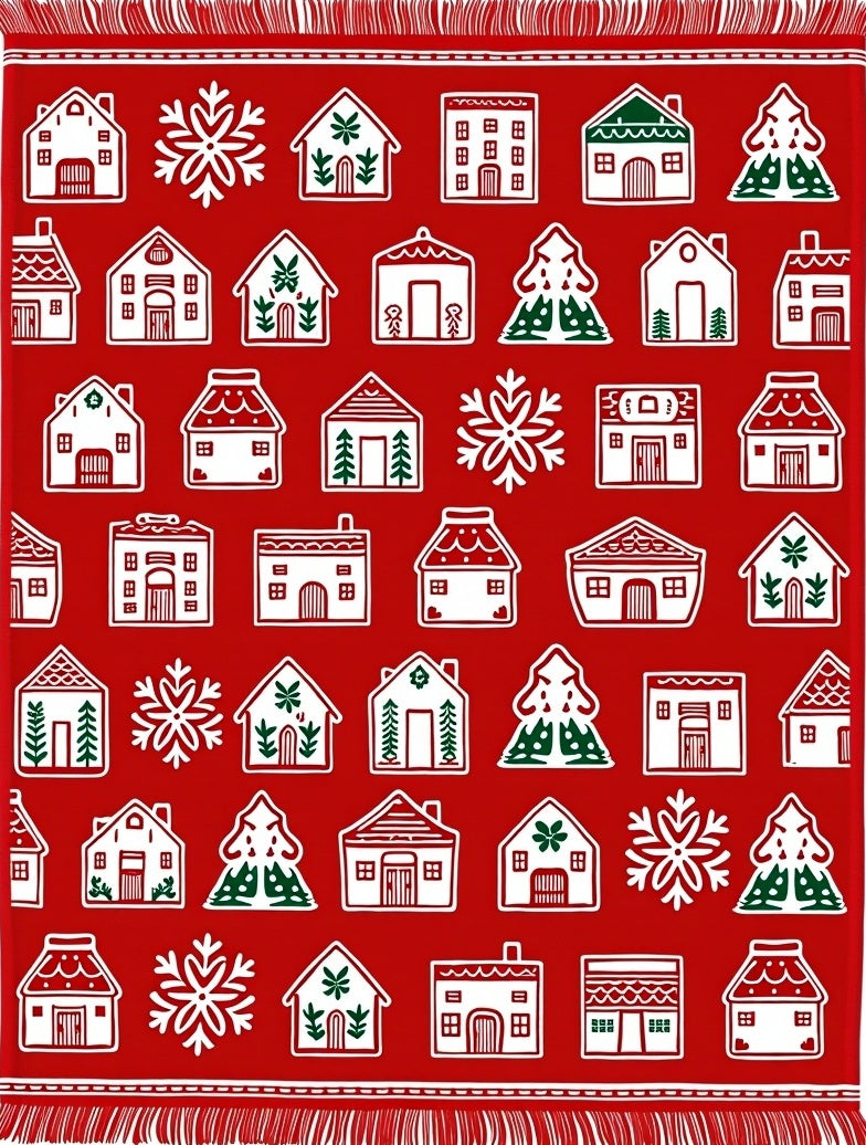 Fiery Red Village Snowflake Landscape Rug