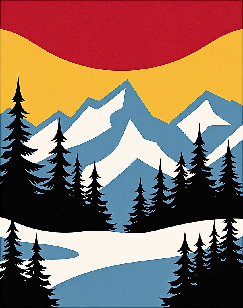 Crimson Yellow Mountain Evergreen Forest Rug