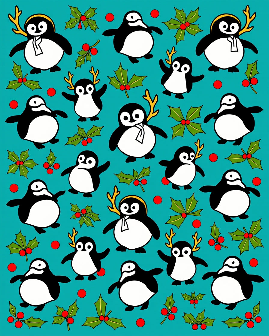 Cute Penguin Holly Berry Whimsical Rug