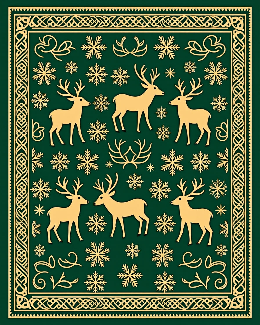 Golden Deer Snowflake Emerald Border Rug