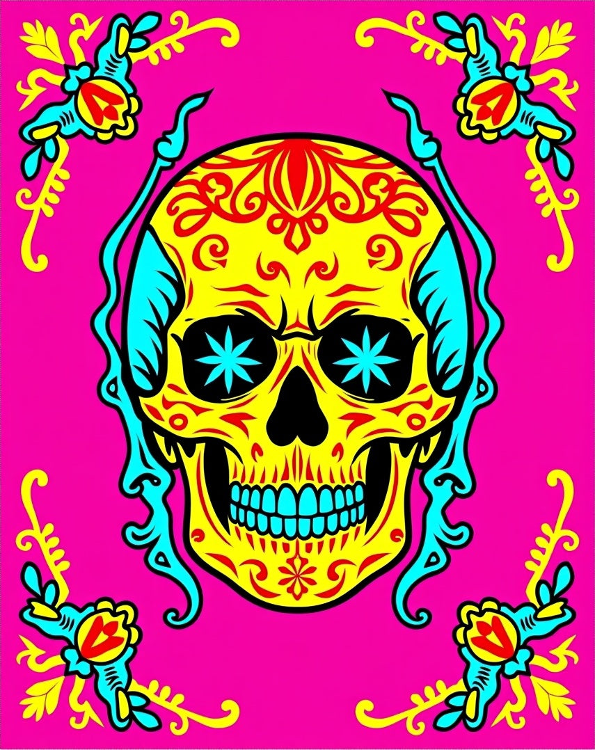 Vibrant Yellow Skull Floral Border Rug