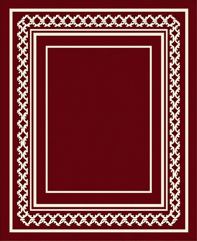 Deep Red Ivory Bordered Geometric Rug