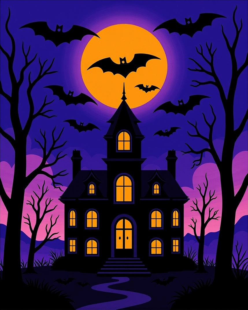 Spooky Haunted House Bat Moon Scene Rug