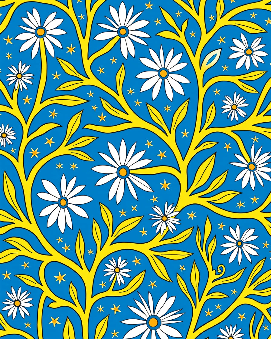 Blue Yellow Floral Branches Stars Rug