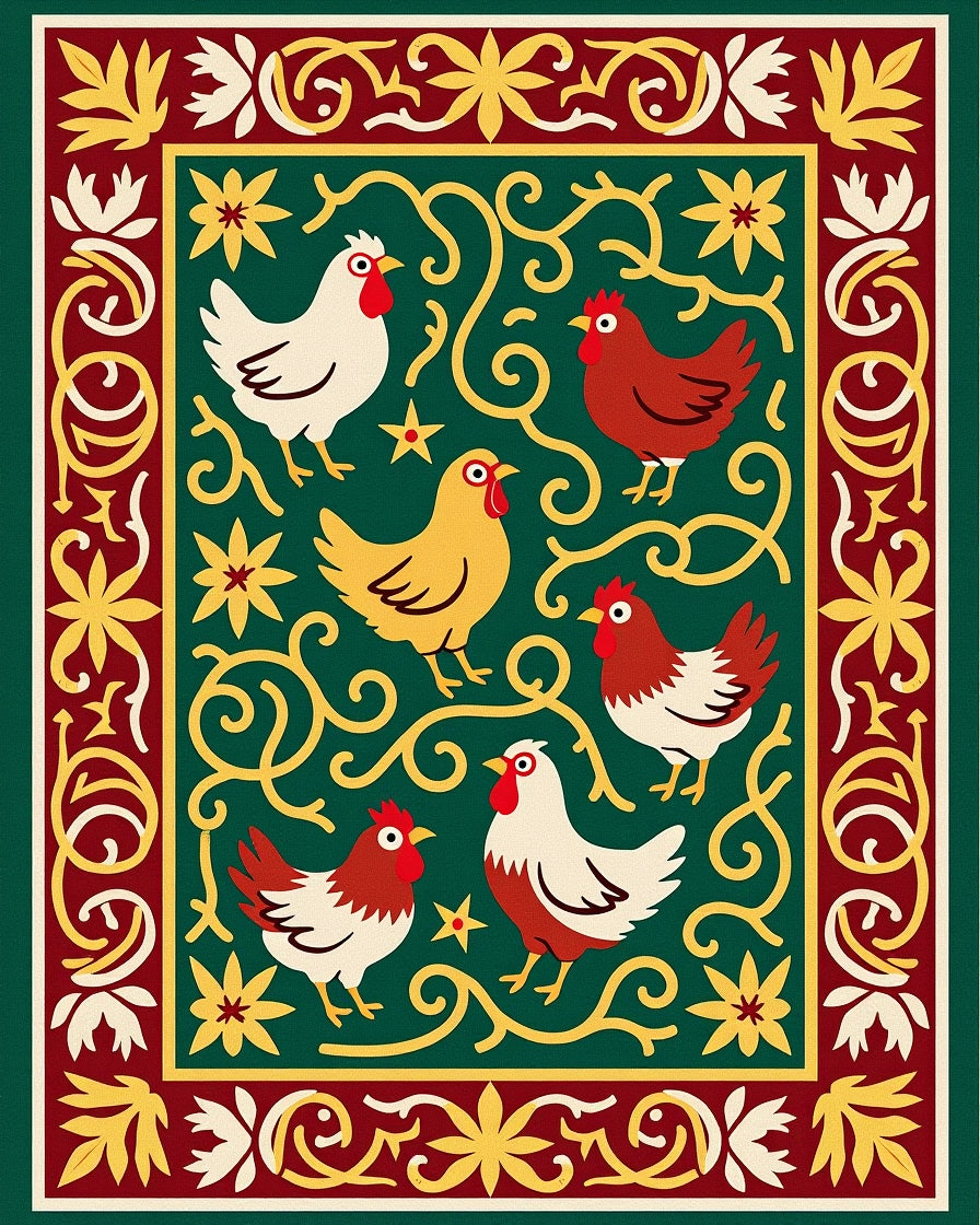 Green Roosters Floral Border Art Rug