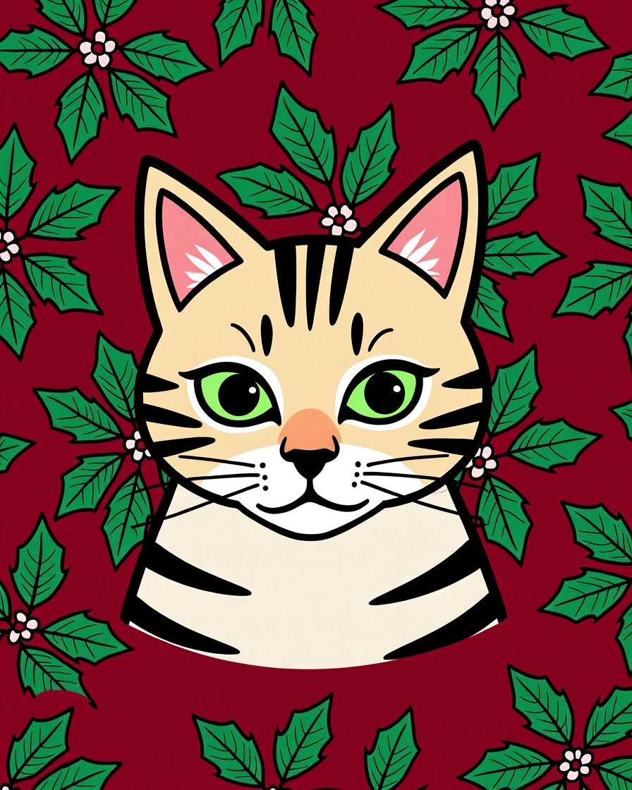 Festive Cat Holly Berry Red Rug