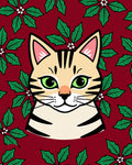 Festive Cat Holly Berry Red Rug