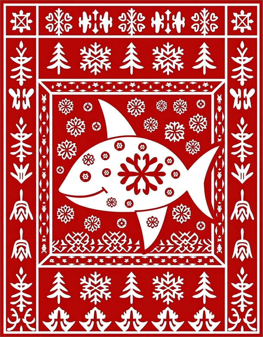 Red White Fish Snowflake Forest Border Rug