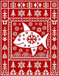 Red White Fish Snowflake Forest Border Rug