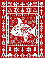 Red White Fish Snowflake Forest Border Rug