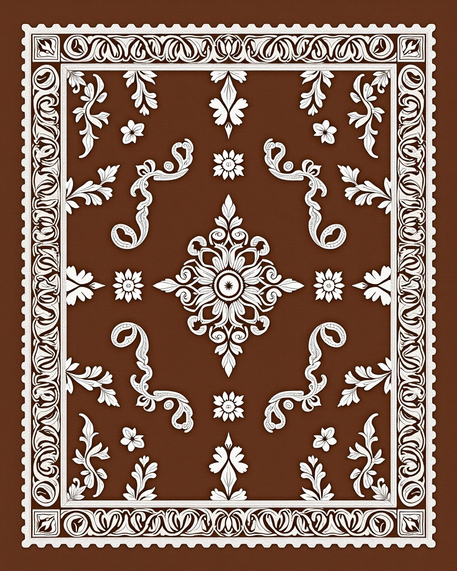 Rich Brown White Ornate Floral Medallion Rug